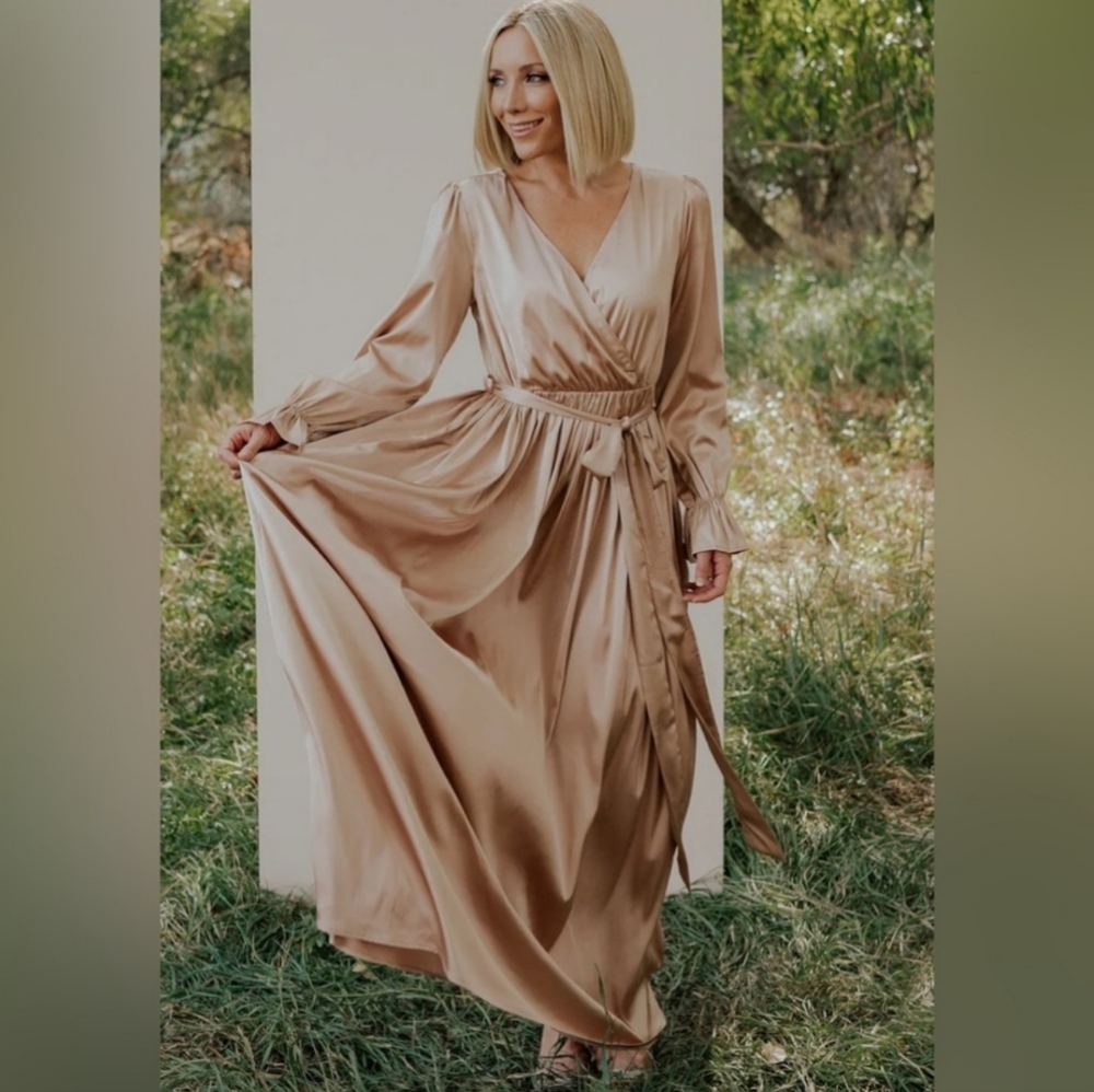 Baltic Born Holly Satin Champagne Maxi Dress Long Sleeve Tie Waist Elegent Silky
